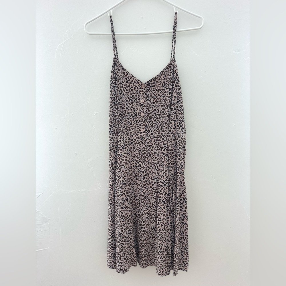 GAP Leopard Hearts Midi A-line spaghetti strap Dress - Black and Tan, Size Large